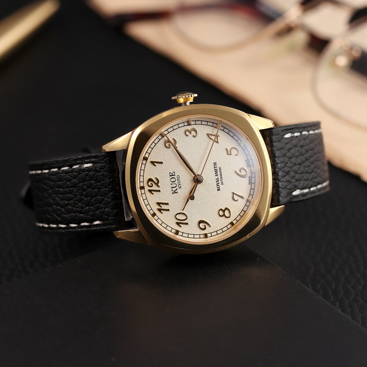 KUOE ROYAL SMITH 90-008 Automatic – Gold Case & Gold Indices black leather strap wide shot