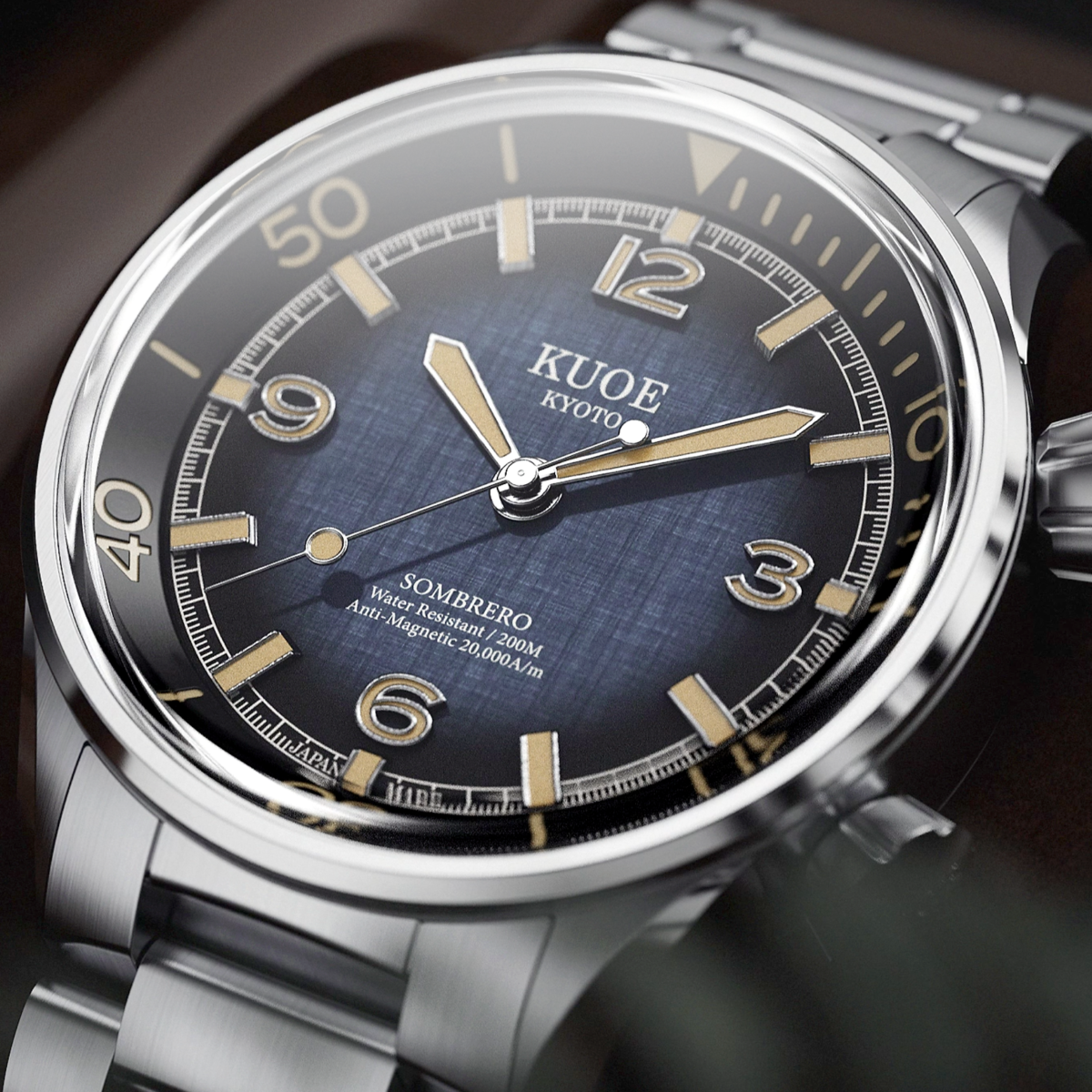 KUOE SOMBRERO 90-011 Gradient Navy linen textured dial Miyota 9039 20 BAR dial details