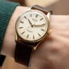 ROYAL SMITH 90-006 Gold Case Ivory Waffle Dial automatic watch dark brown strap on wrist