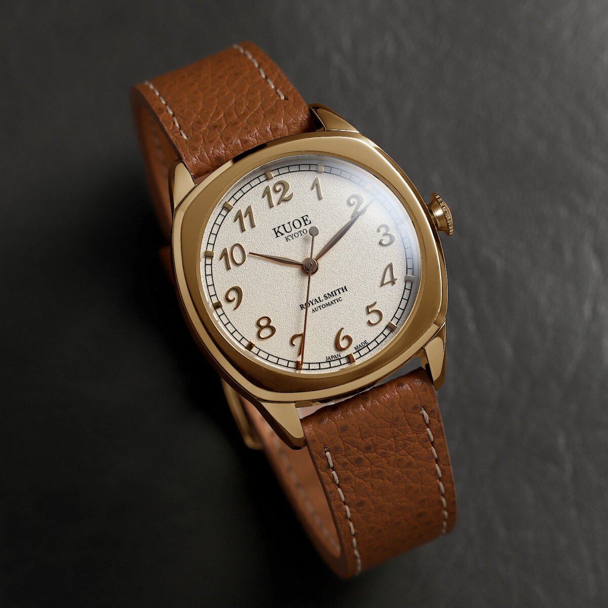 KUOE ROYAL SMITH 90-008 Automatic – Gold Case & Gold Indices brown leather strap straight shot