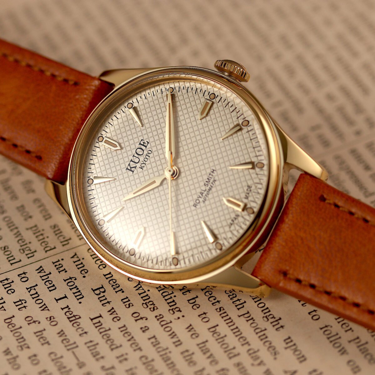 ROYAL SMITH 90-006 Gold Case Ivory Waffle Dial automatic watch tan strap shot