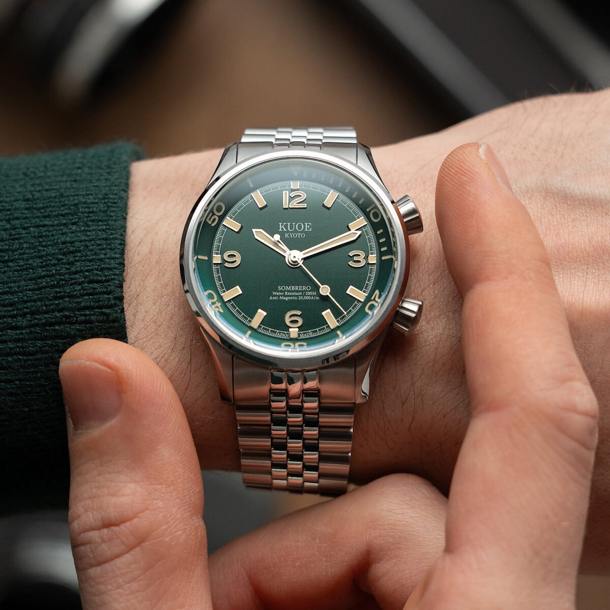 SOMBRERO 90-011 Green Linen Textured Dial 20 BAR automatic dive watch on wrist 2