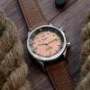 KUOE SOMBRERO 90-011 Salmon Pink linen textured dial Miyota 9039 20 BAR with leather strap shot