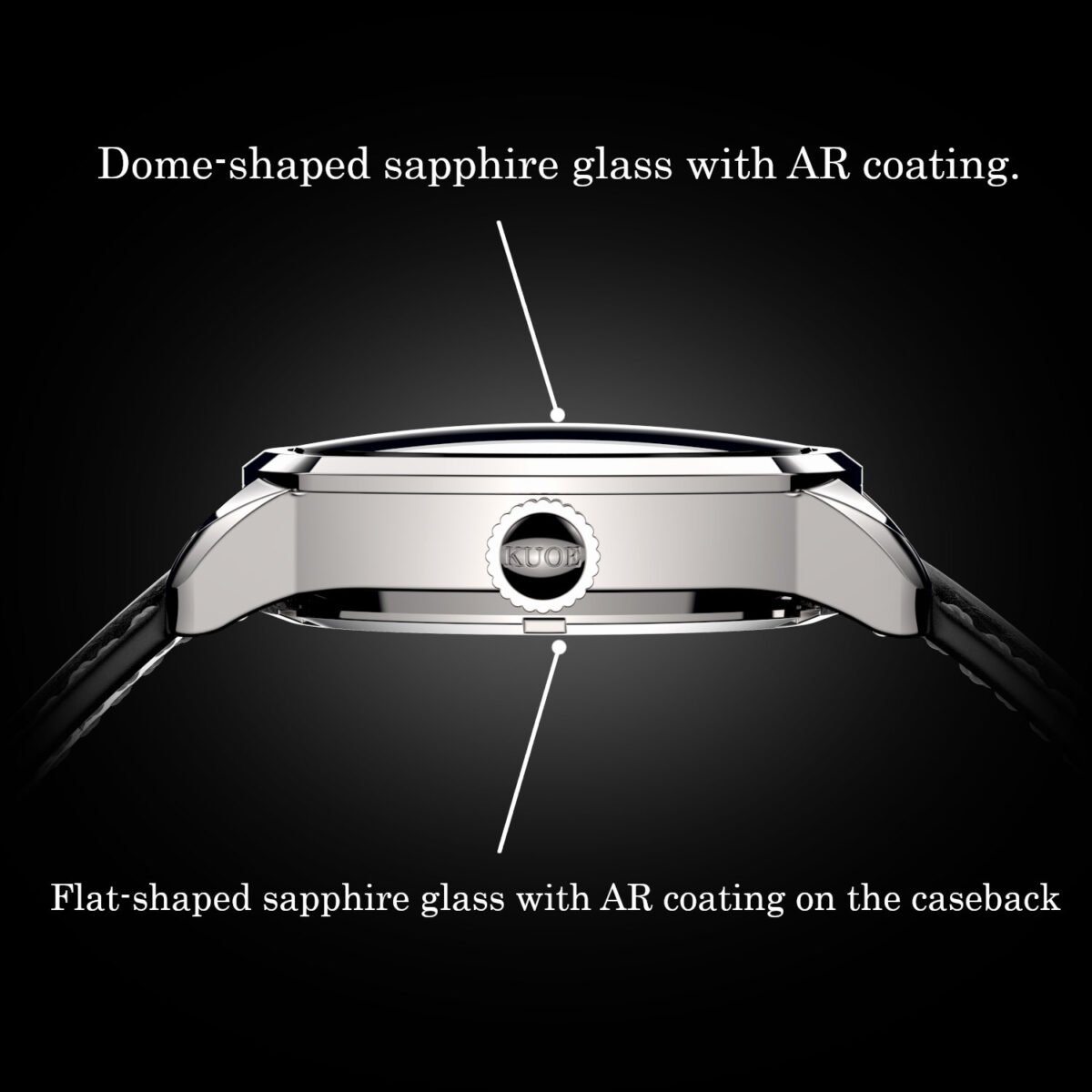 KUOE ROYAL SMITH 90-008 Automatic – Gold Case & Gold Indices black leather strap side shot