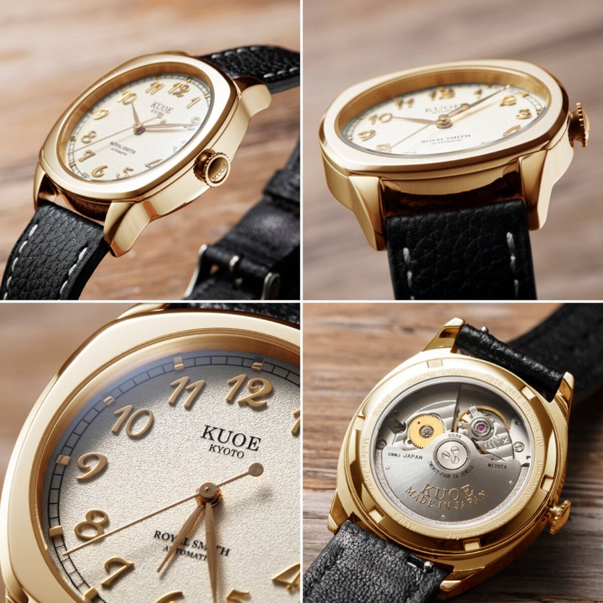 KUOE ROYAL SMITH 90-008 Automatic – Gold Case & Gold Indices black leather strap photoshots