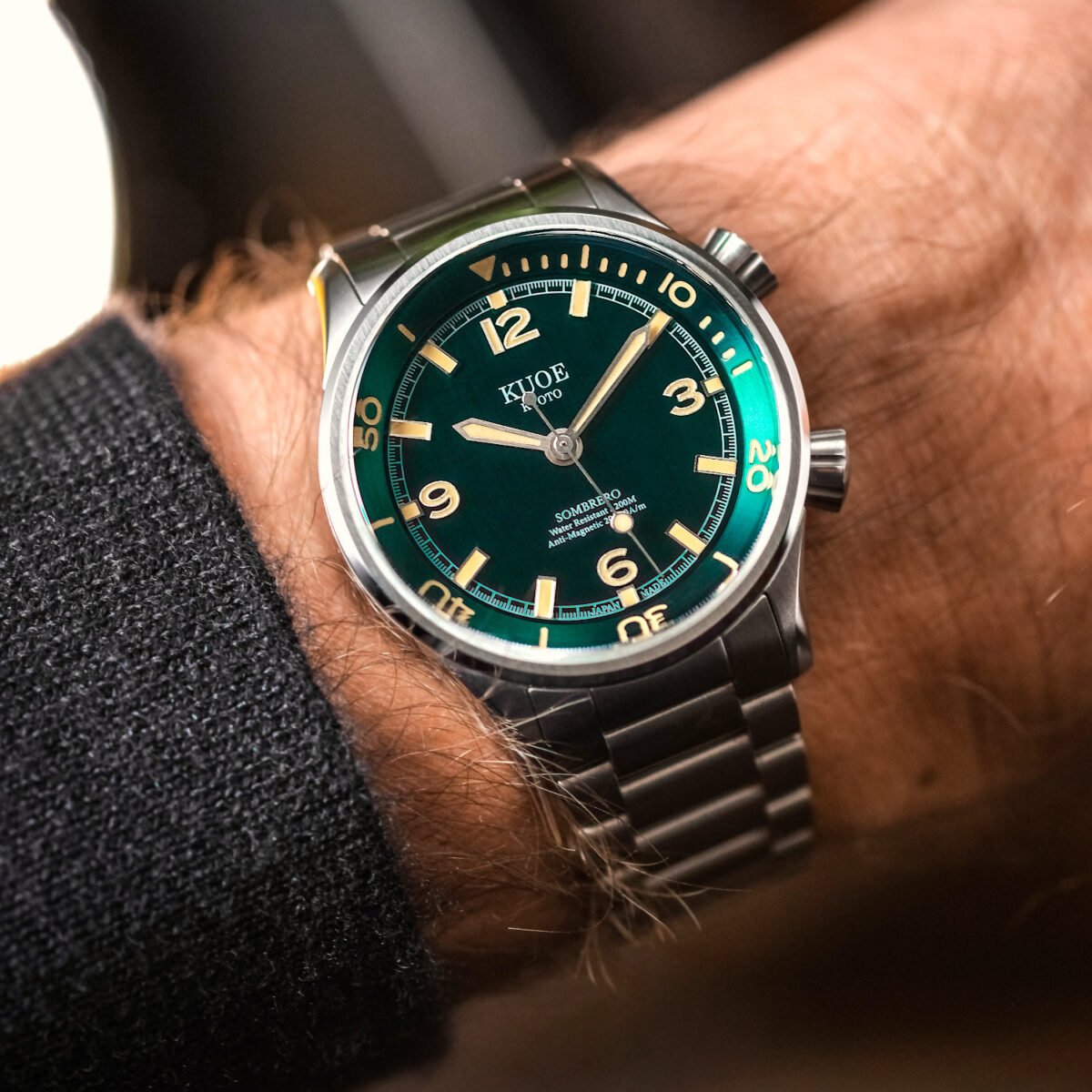 SOMBRERO 90-011 Green Linen Textured Dial 20 BAR automatic dive watch on wrist