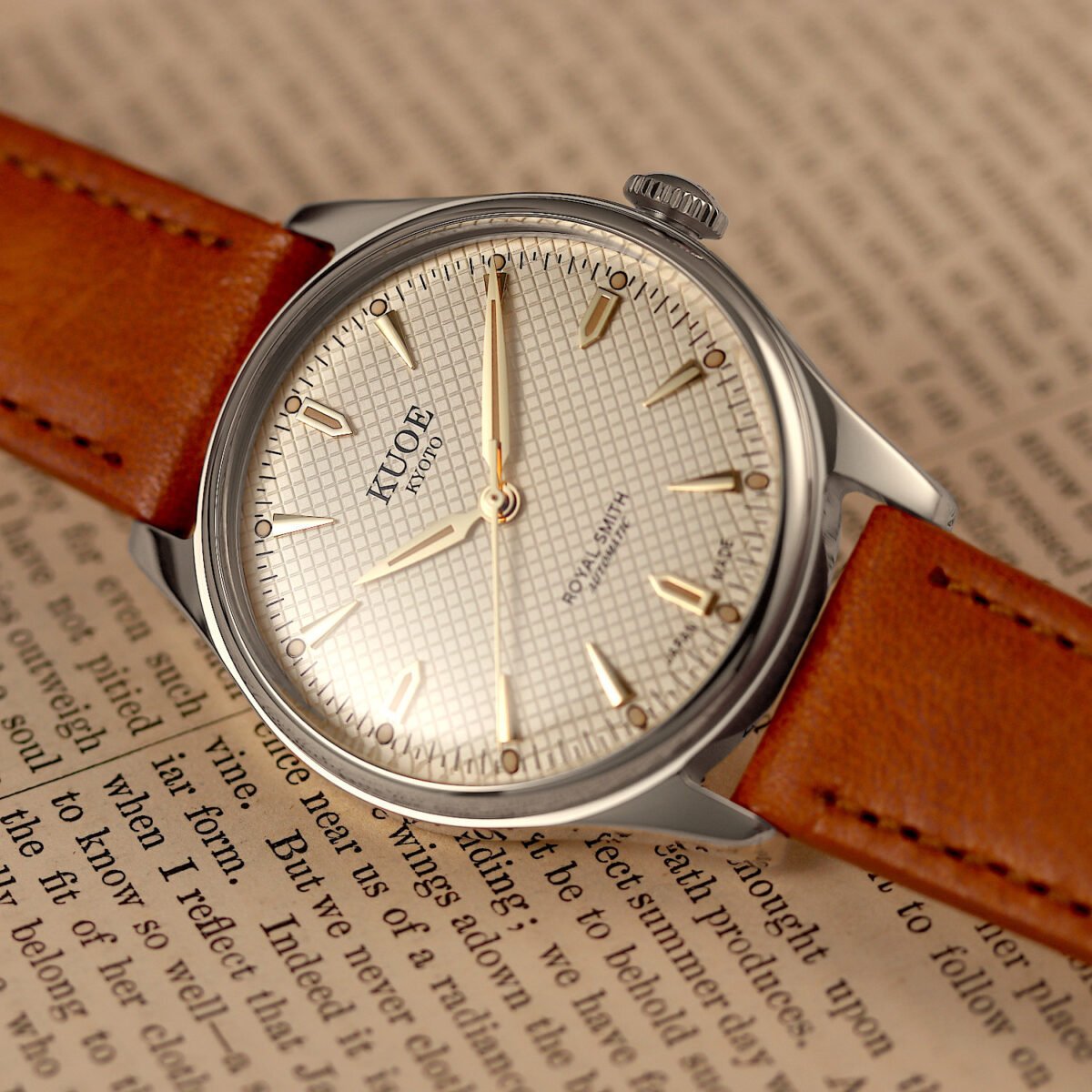 KUOE Royal Smith 90-006 Silver Case Ivory Dial Automatic Watch tan strap shot
