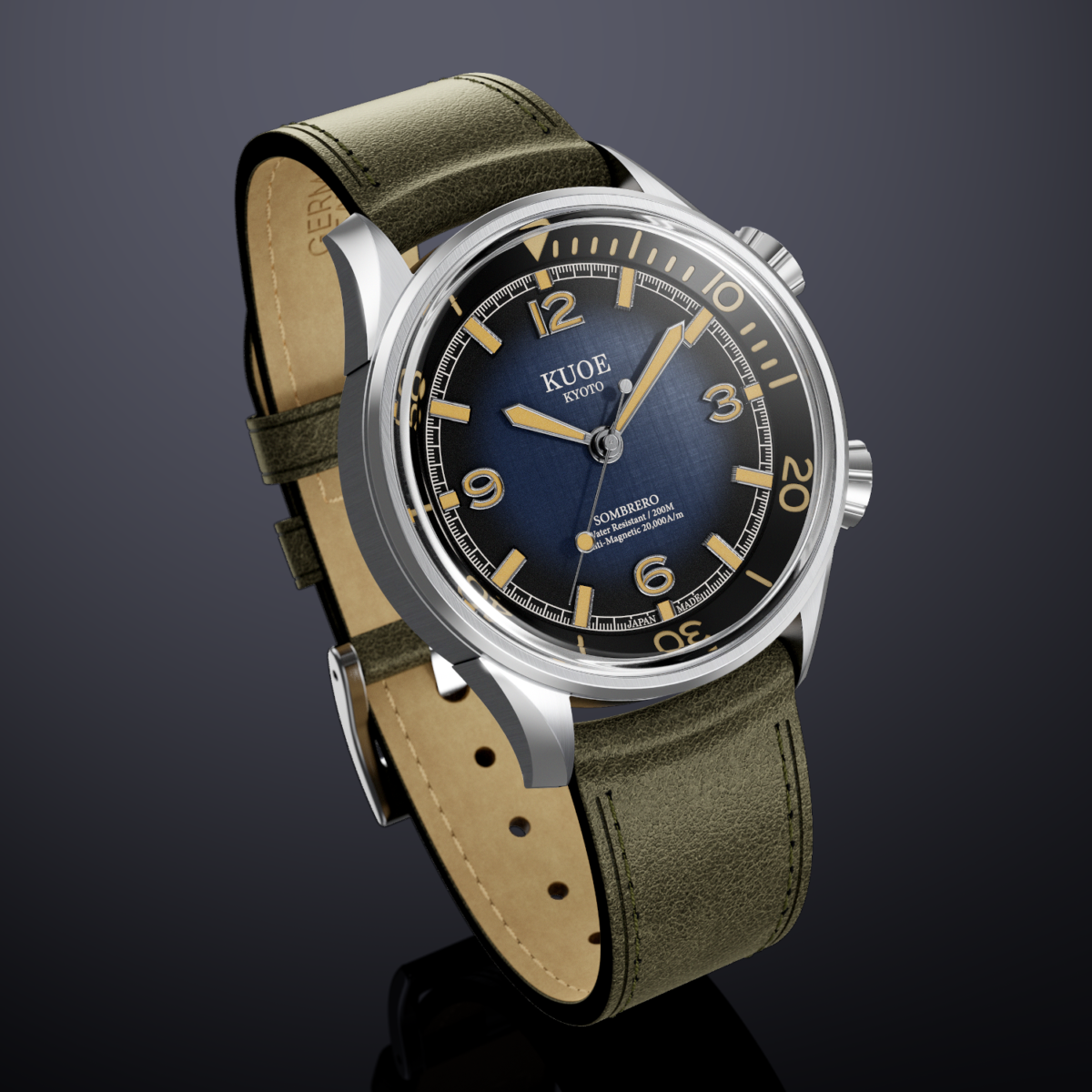 KUOE SOMBRERO 90-011 Gradient Navy linen textured dial Miyota 9039 20 BAR with leather strap shot