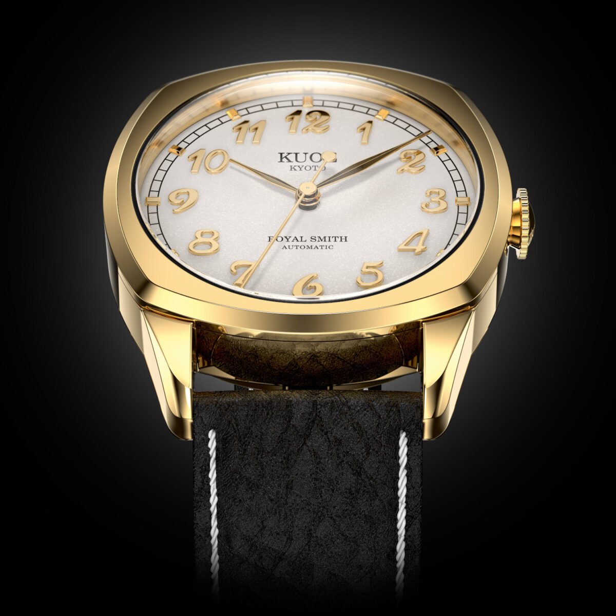 KUOE ROYAL SMITH 90-008 Automatic – Gold Case & Gold Indices black leather strap close shot