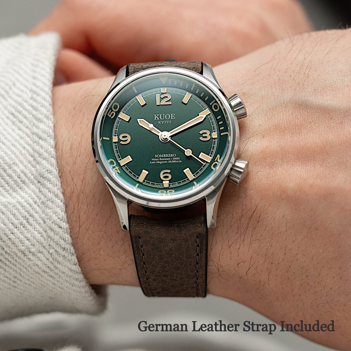 SOMBRERO 90-011 Green Linen Textured Dial 20 BAR automatic dive watch on wrist leather strap
