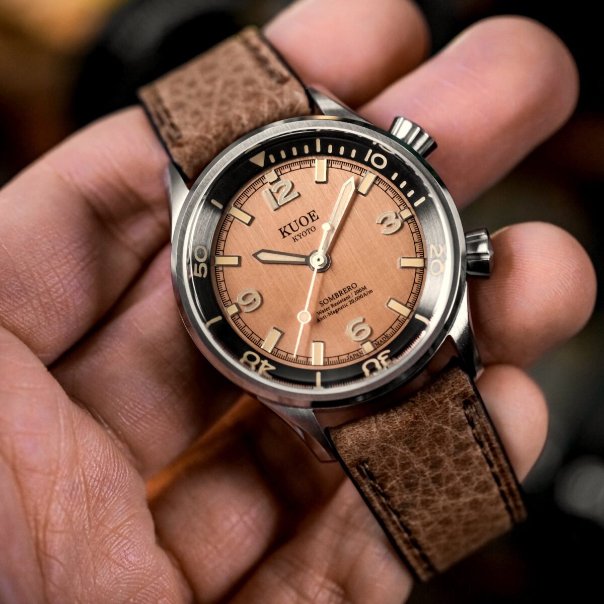 KUOE SOMBRERO 90-011 Salmon Pink linen textured dial Miyota 9039 20 BAR leather strap on hand