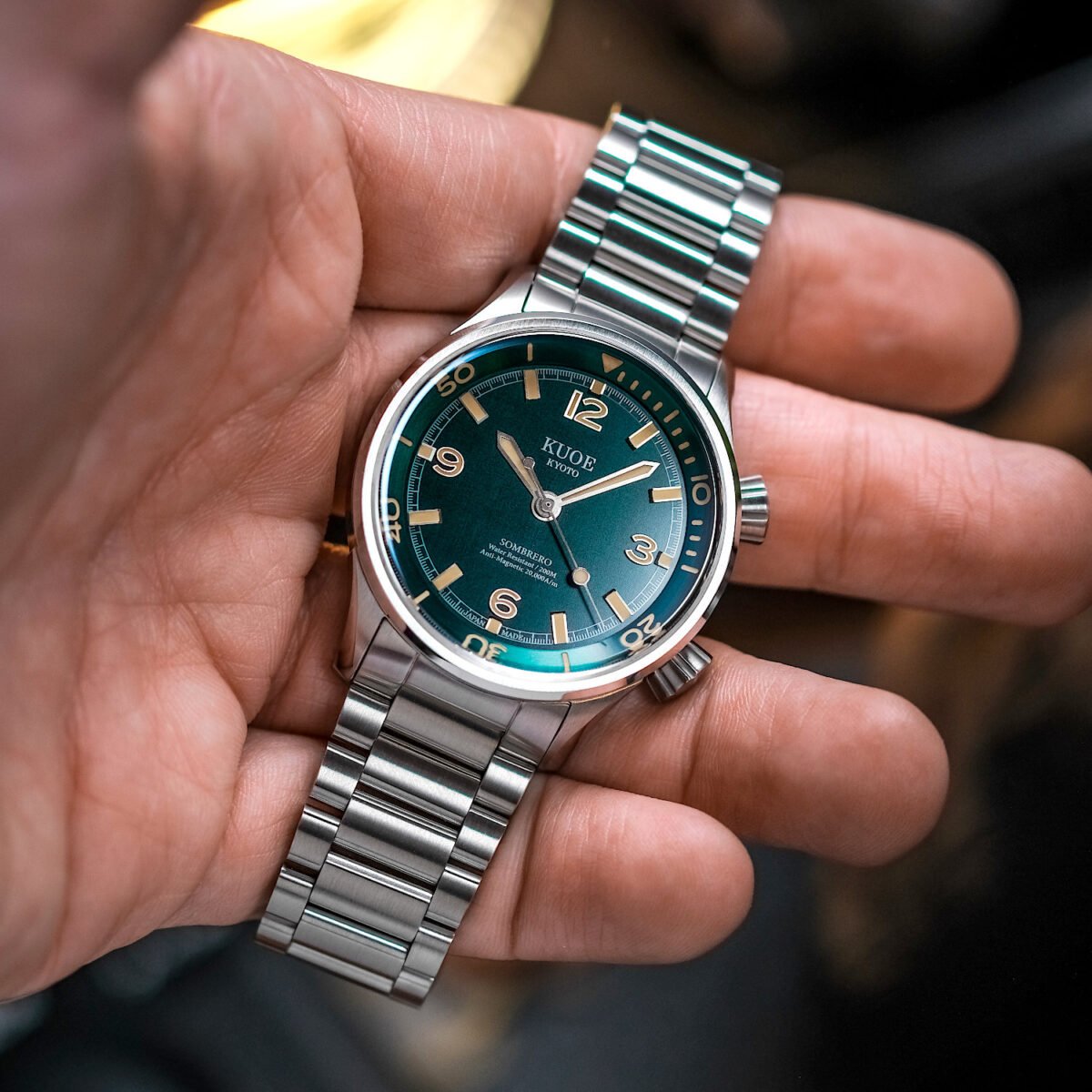 SOMBRERO 90-011 Green Linen Textured Dial 20 BAR automatic dive watch on hand