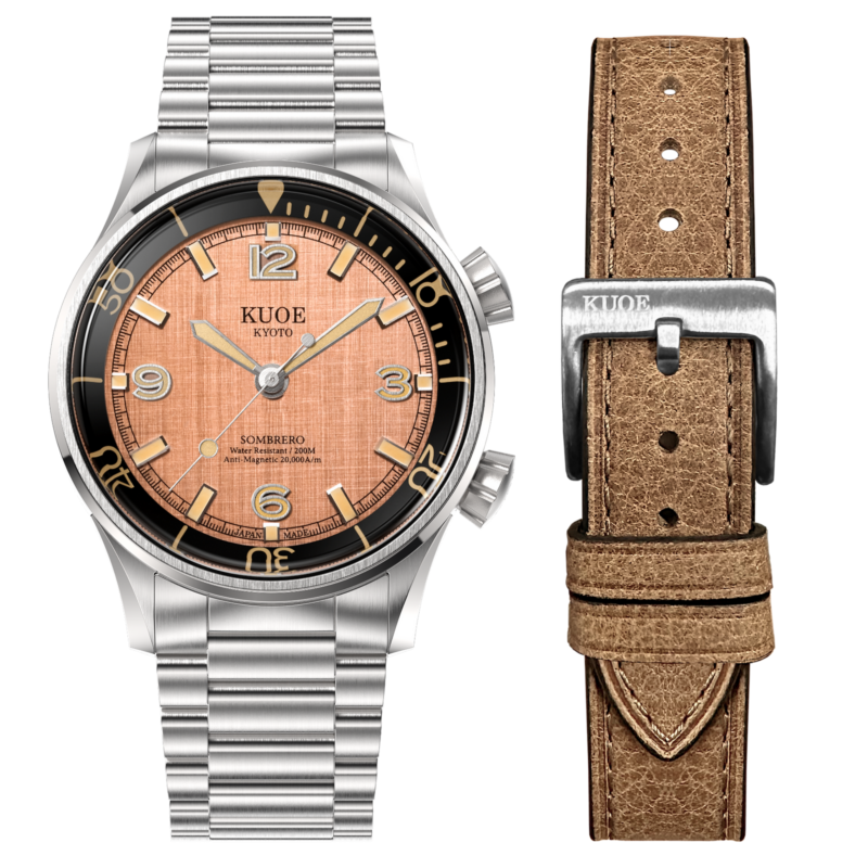 KUOE SOMBRERO 90-011 Salmon Pink linen textured dial Miyota 9039 20 BAR Flat-link