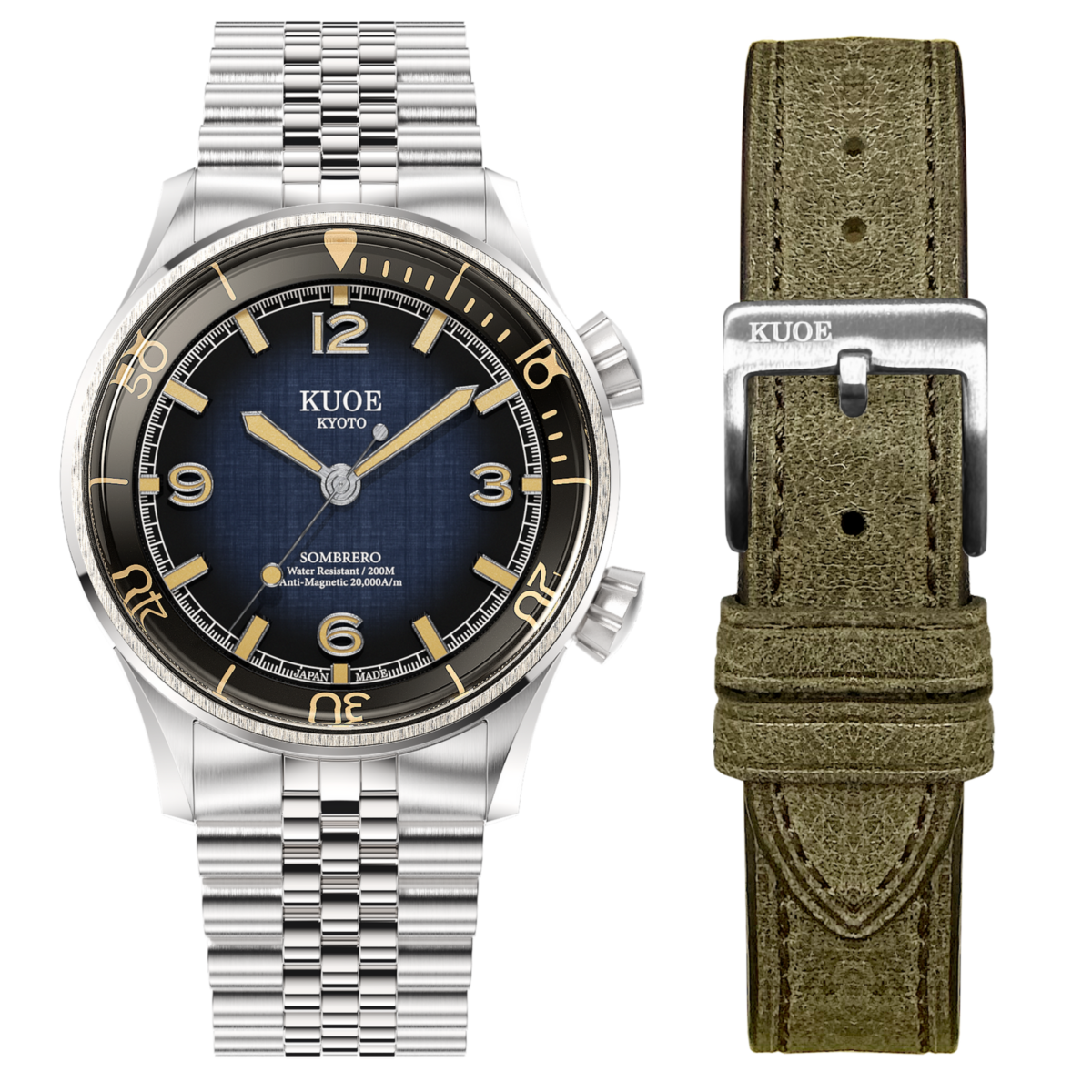 KUOE SOMBRERO 90-011 Gradient Navy linen textured dial Miyota 9039 20 BAR 5-link bracelet