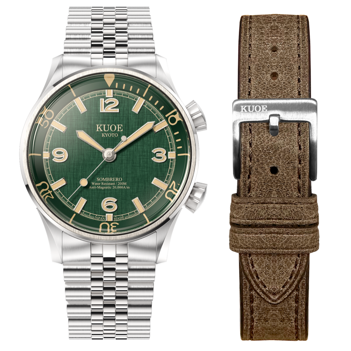 SOMBRERO 90-011 Green Linen Textured Dial 20 BAR automatic dive watch 5-link bracelet