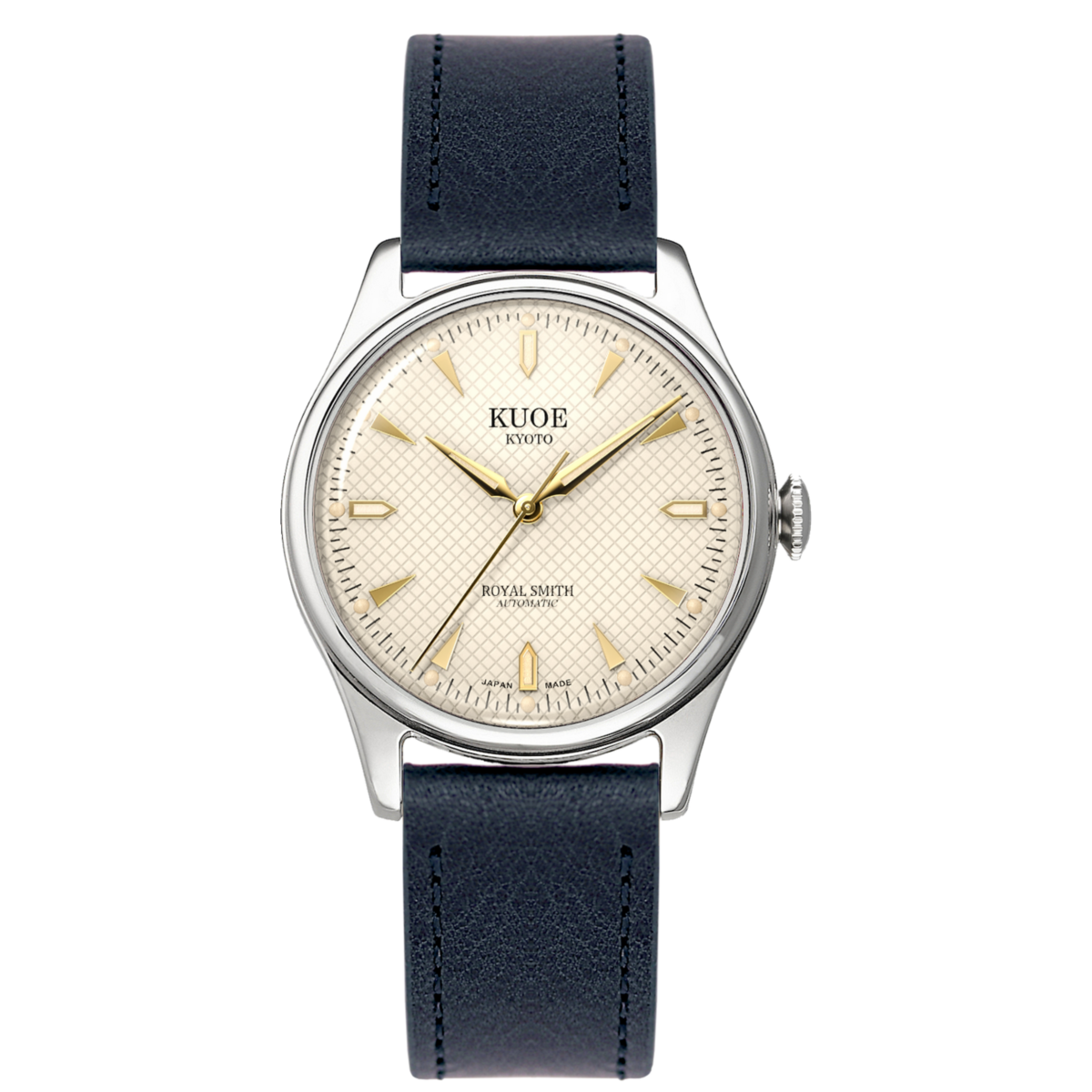 KUOE Royal Smith 90-006 Silver Case Ivory Dial Automatic Watch navy strap