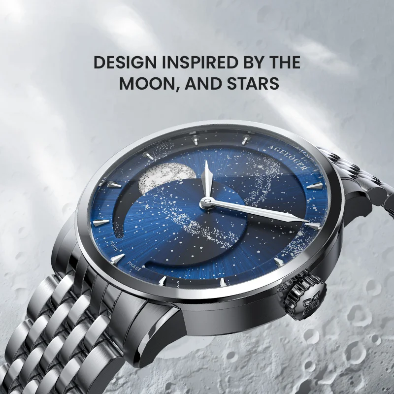 Alternative view of Agelocer Astronomer Men's Automatic Mechanical Galaxy Moonphase Steel Belt