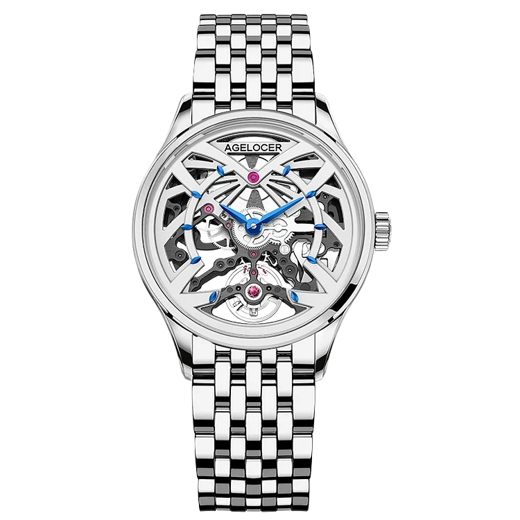 Agelocer Schwarzwald Women's Skeleton Automatic Mechanical - Silver-Steel Strap