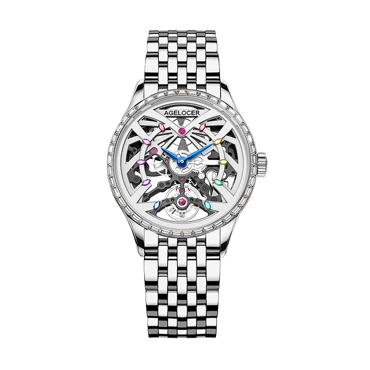 Agelocer Schwarzwald Women's Skeleton Automatic Mechanical - Silver Diamond-Steel Strap