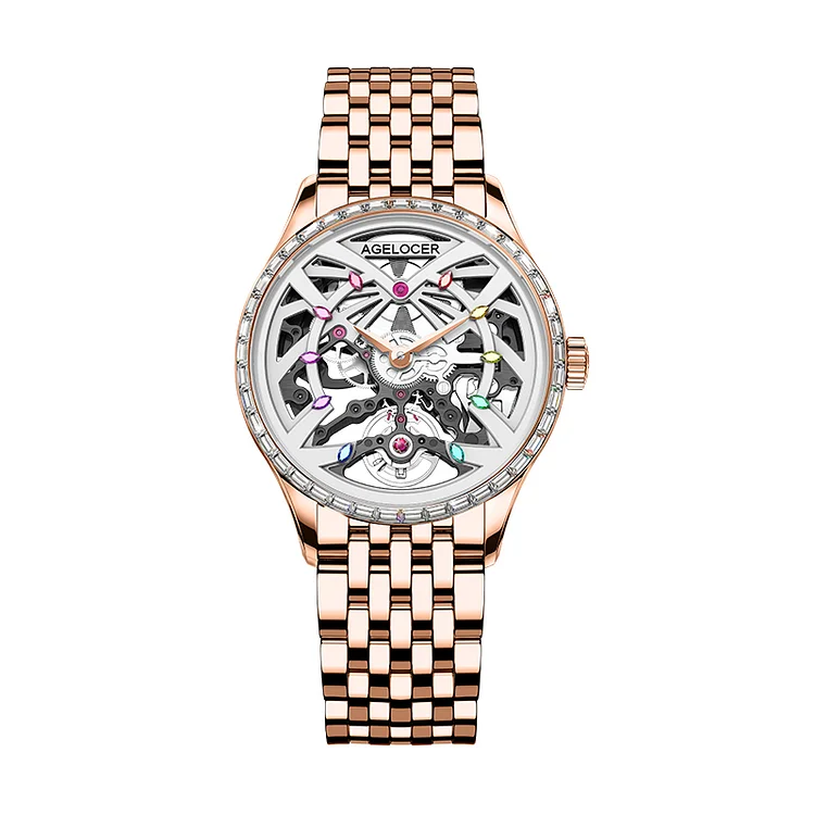 Agelocer Schwarzwald Women's Skeleton Automatic Mechanical - Gold Diamond-Steel Strap