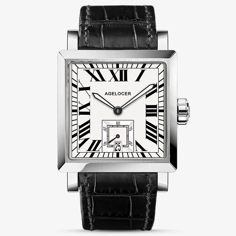 Agelocer Codex Men's Square Automatic Mechanical. 35mm kare kasa, safir cam, yelpaze takvim ve otomatik mekanizmalı lüks erkek saati. Faturalı teslimat.